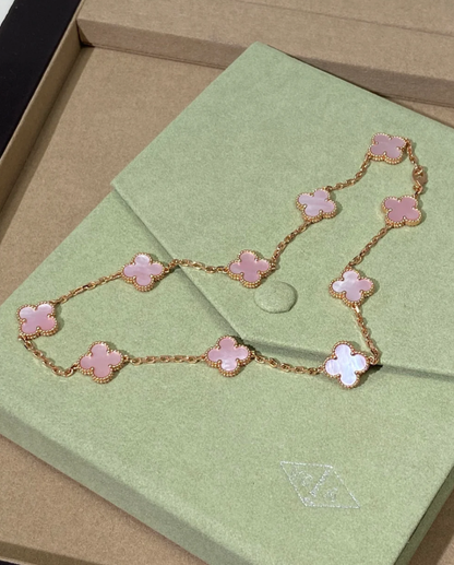 [Luxery Jewellery] Pink Necklace with Ten Clover Designs