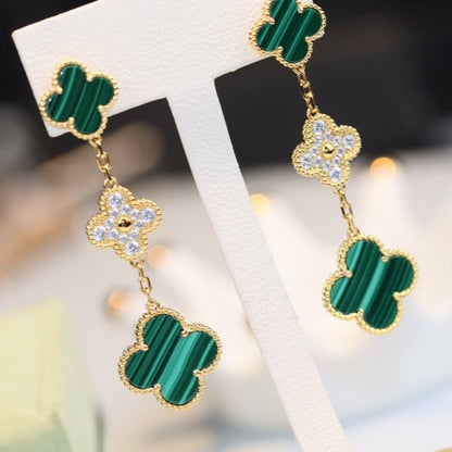 [Luxery]CLOVER EARRINGS GOLD MALACHITE DIAMOND 3 MOTIF