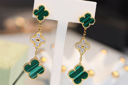 [Luxery]CLOVER EARRINGS GOLD MALACHITE DIAMOND 3 MOTIF