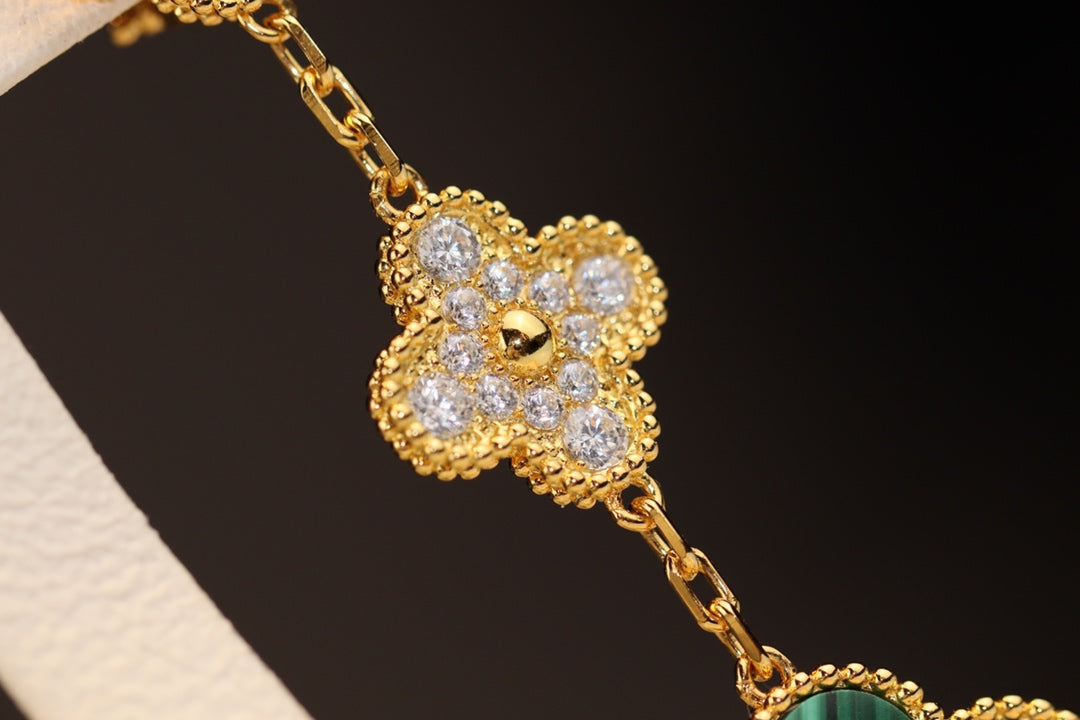 [Luxery]CLOVER EARRINGS GOLD MALACHITE DIAMOND 3 MOTIF