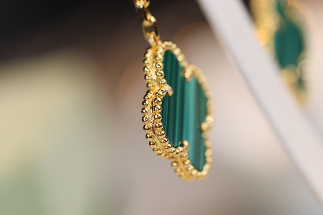 [Luxery]CLOVER EARRINGS GOLD MALACHITE DIAMOND 3 MOTIF