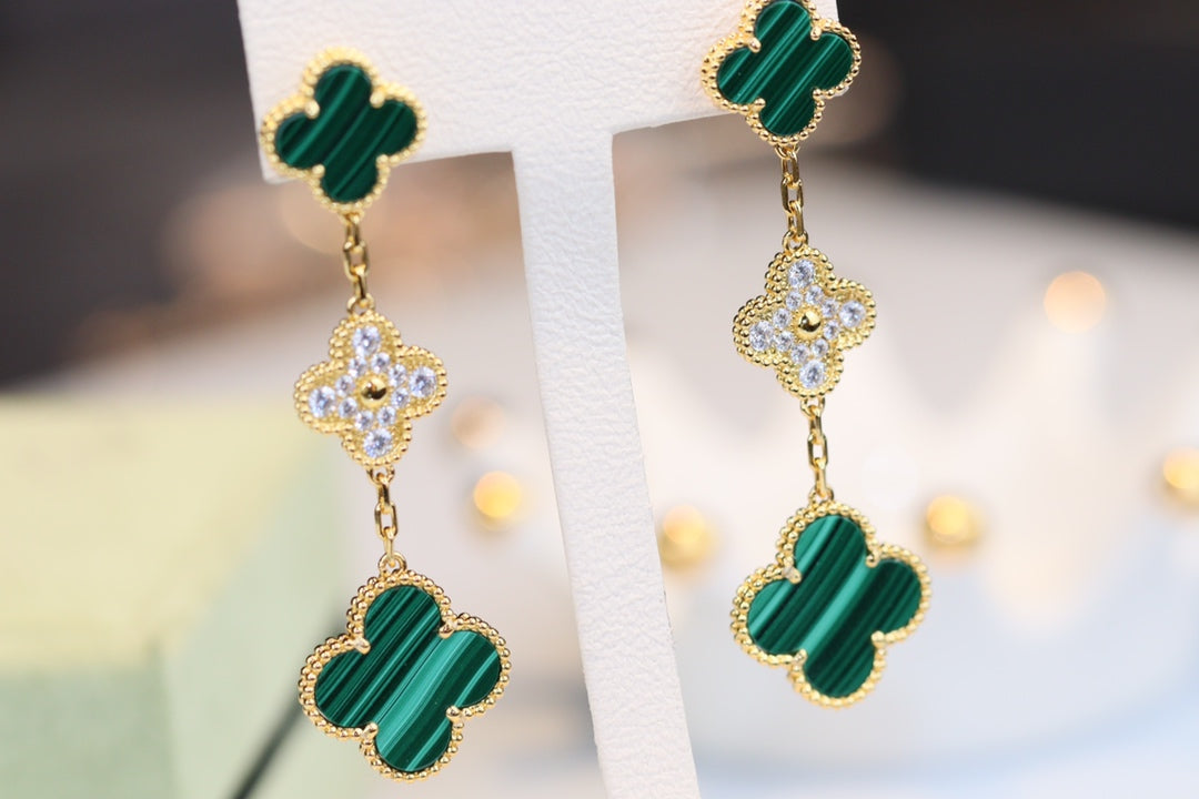 [Luxery]CLOVER EARRINGS GOLD MALACHITE DIAMOND 3 MOTIF