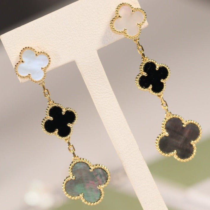 [Luxery]CLOVER EARRINGS GOLD ONYX MOP 3 MOTIF