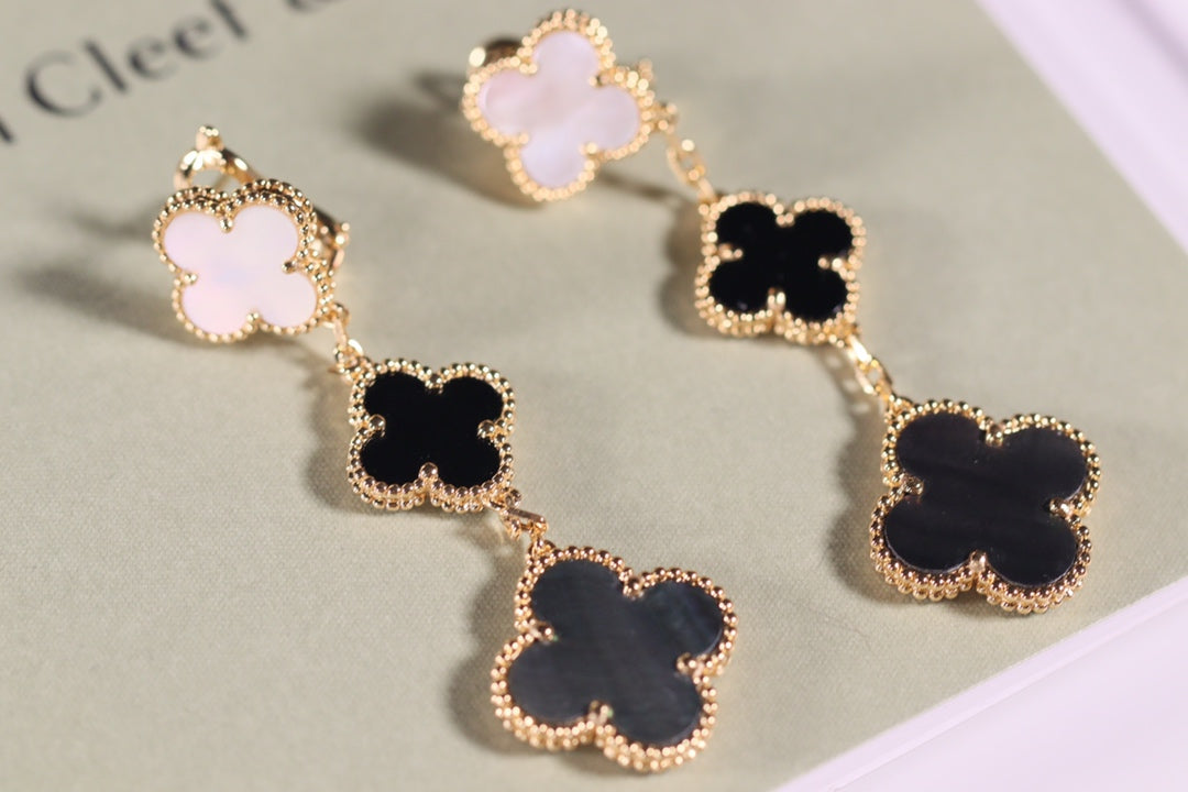 [Luxery]CLOVER EARRINGS GOLD ONYX MOP 3 MOTIF