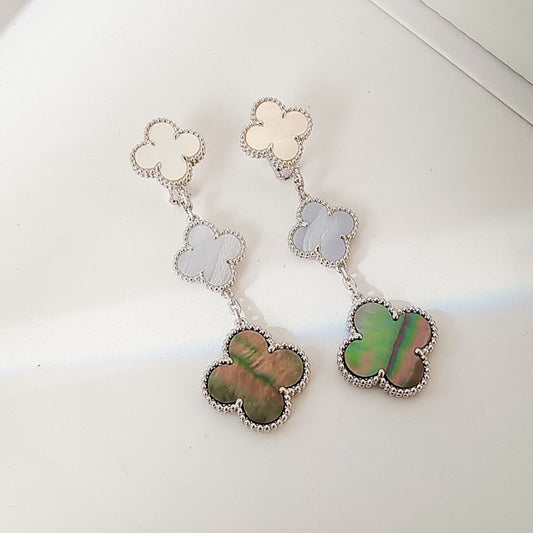[Luxery]CLOVER 3 MOTIFS CHALCEDONY DARK MOP SILVER EARRINGS