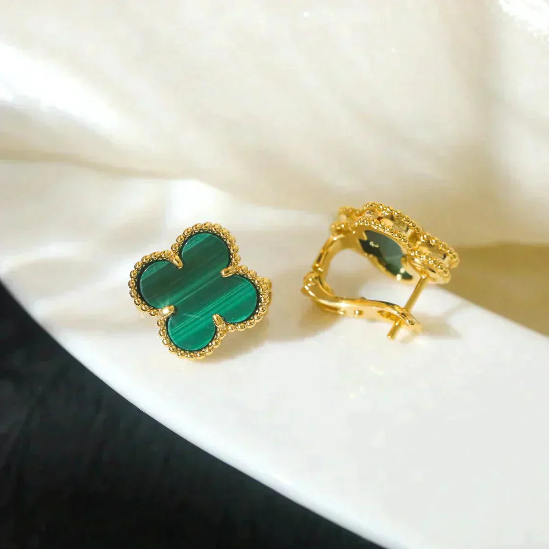 [Luxery]CLOVER MEDIUM 1 MOTIFS MALACHITE  EARRINGS