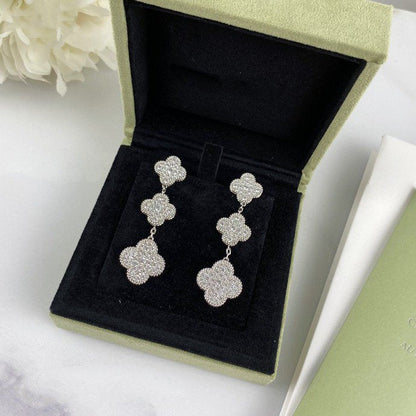 [Luxery]CLOVER 3 MOTIF DIAMOND SILVER DROP EARRINGS
