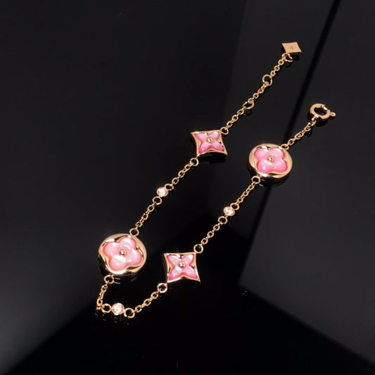 [Luxery]STAR AND SUN 4 MOTIF PINK MOP PINK GOLD BRACELET
