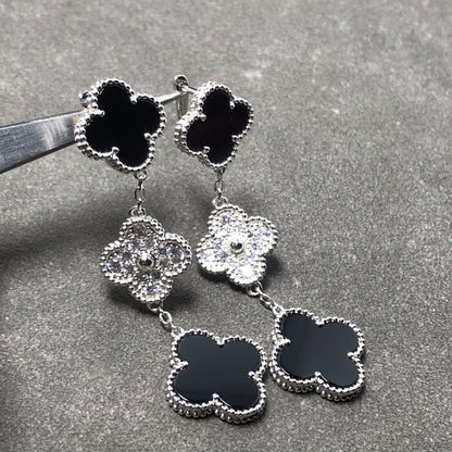 [Luxery]CLOVER 3 MOTIF DIAMOND ONYX SILVER EARRINGS