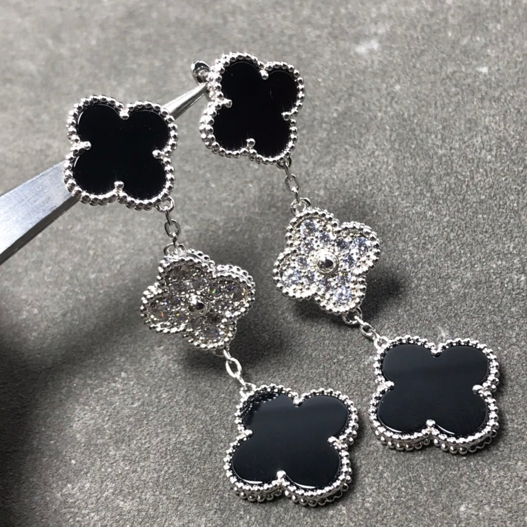 [Luxery]CLOVER 3 MOTIF DIAMOND ONYX SILVER EARRINGS