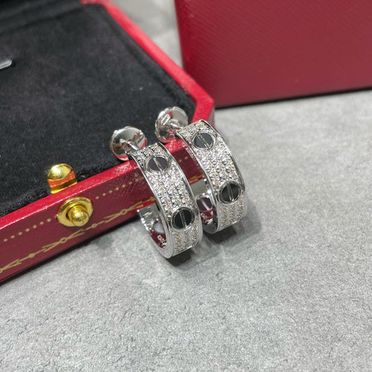 [Luxery]LOVE CERAMIC DIAMOND PAVED SILVER EARRINGS