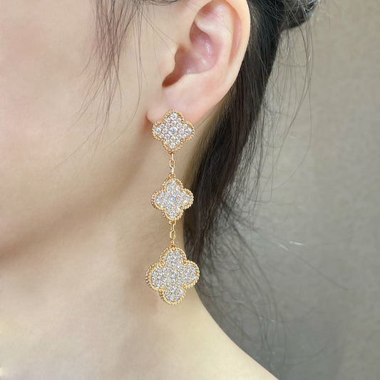 [Luxery]CLOVER 3 MOTIFS DIAMOND PAVED ROSE GOLD EARRINGS