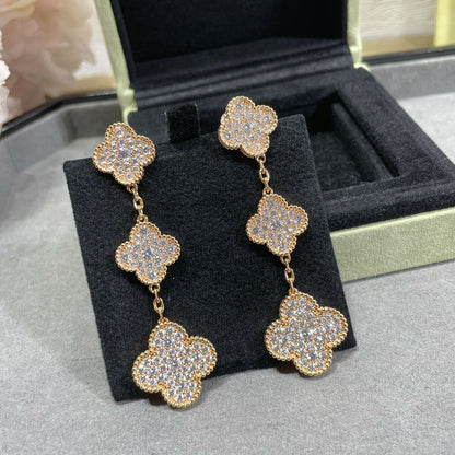 [Luxery]CLOVER 3 MOTIFS DIAMOND PAVED ROSE GOLD EARRINGS