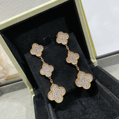 [Luxery]CLOVER 3 MOTIFS DIAMOND PAVED ROSE GOLD EARRINGS