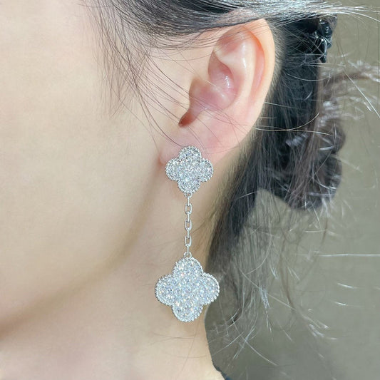 [Luxery]CLOVER 2 MOTIFS DIAMOND PAVED SILVER EARRINGS