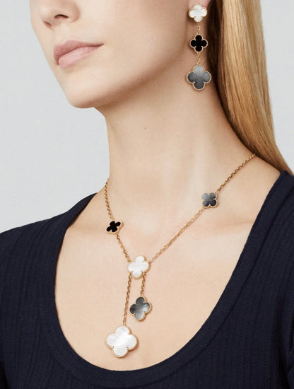 [Luxery]CLOVER 3 MOTIF MOP ONYX DARK MOP PINK GOLD EARRINGS
