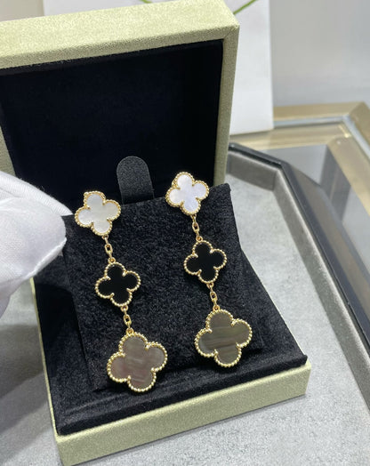 [Luxery]CLOVER 3 MOTIF MOP ONYX DARK MOP PINK GOLD EARRINGS