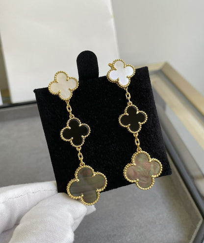 [Luxery]CLOVER 3 MOTIF MOP ONYX DARK MOP PINK GOLD EARRINGS