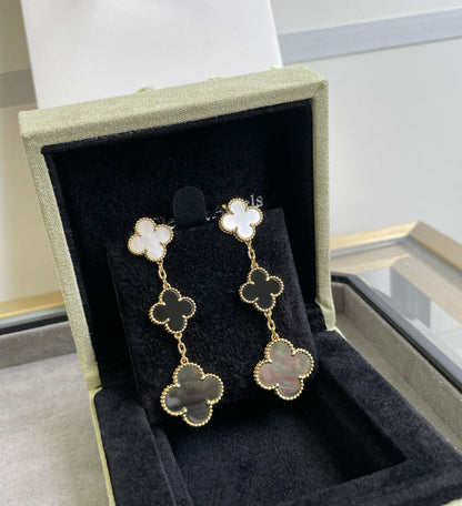 [Luxery]CLOVER 3 MOTIF MOP ONYX DARK MOP PINK GOLD EARRINGS
