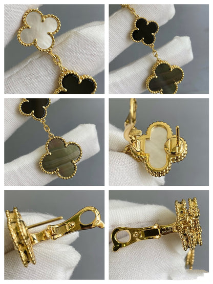 [Luxery]CLOVER 3 MOTIF MOP ONYX DARK MOP PINK GOLD EARRINGS
