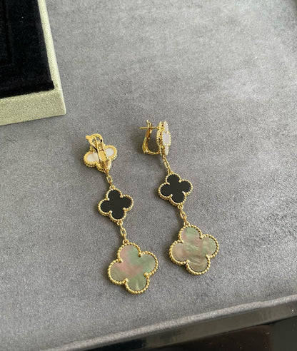 [Luxery]CLOVER 3 MOTIF MOP ONYX DARK MOP PINK GOLD EARRINGS