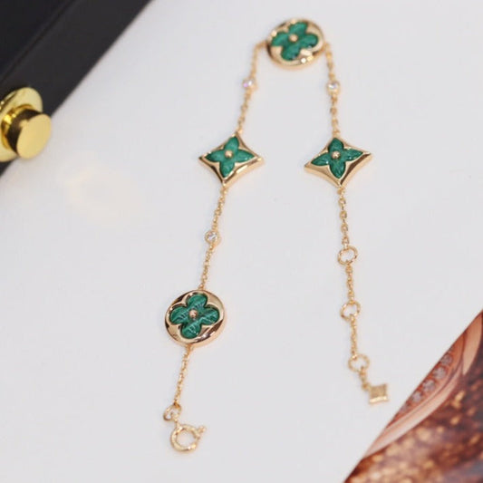 [Luxery]STAR AND SUN 4 MOTIF PINK GOLD MALACHITE BRACELET