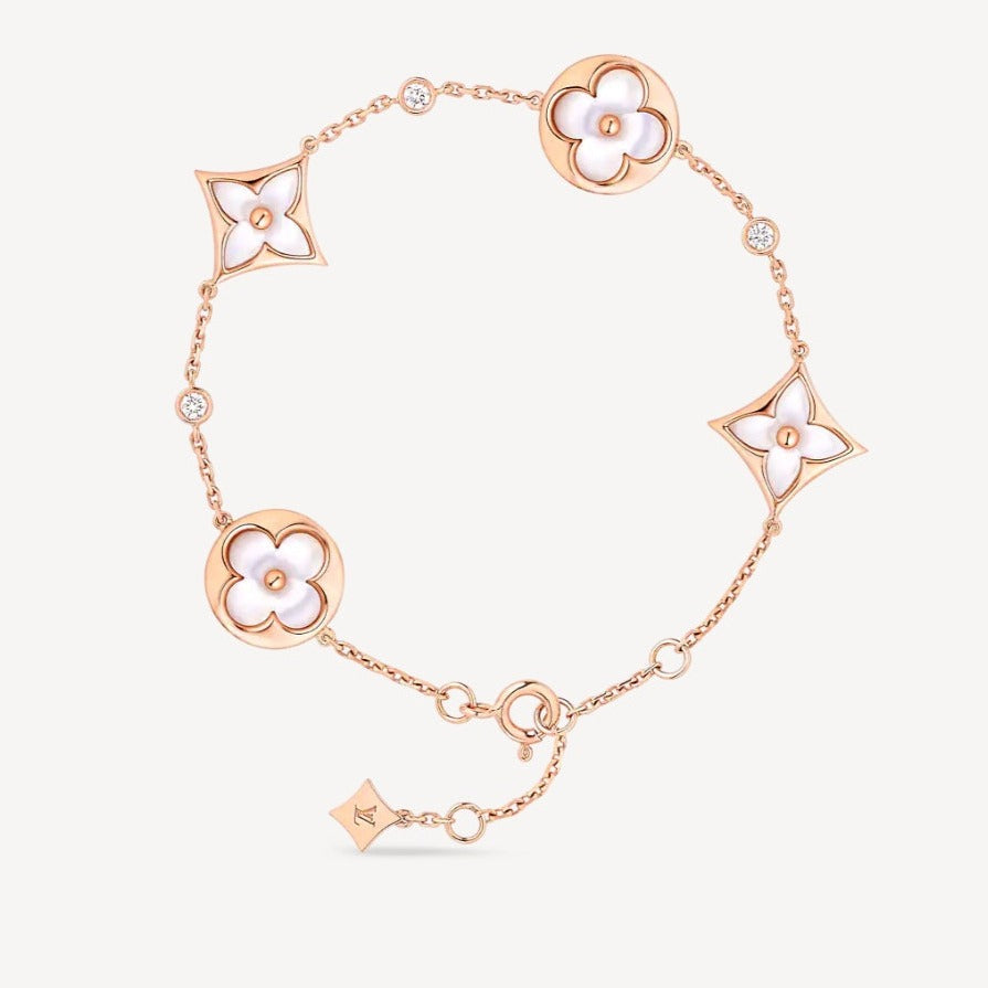 [Luxery]STAR AND SUN 4 MOTIF WHITE MOP PINK GOLD BRACELET