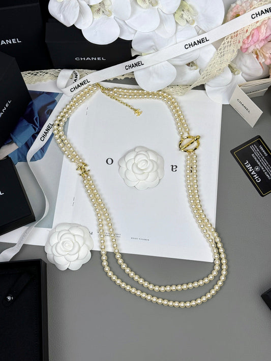 [Luxery]25K Pencil Double C Double-Layer Pearl Sweater Chain