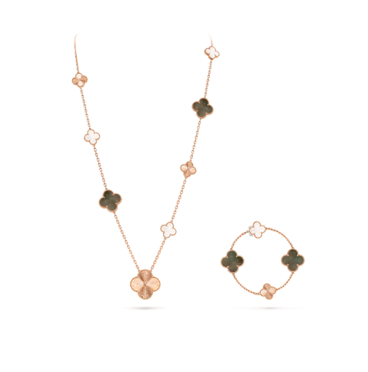[Luxery]DETACHABLE CLOVER 15(11+4) FLOWER SILVER NECKLACE SET