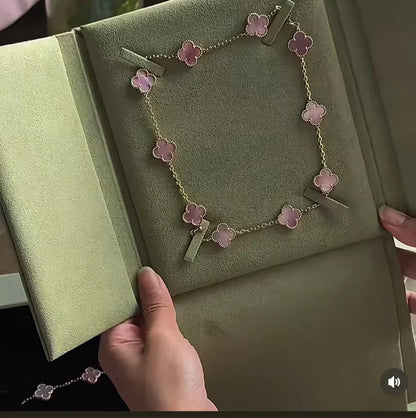 [Luxery Jewellery] Pink Necklace with Ten Clover Designs