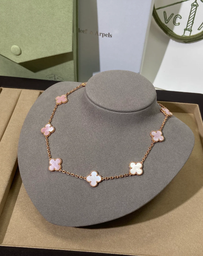 [Luxery Jewellery] Pink Necklace with Ten Clover Designs