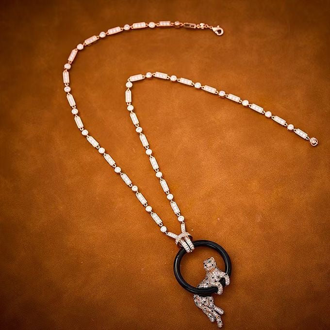 [Luxery jewelrys]NEW BLACK CIRCLE PANTHER FULL DIAMOND NECKLACE