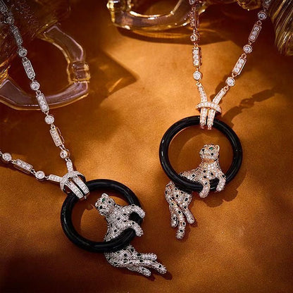 [Luxery jewelrys]NEW BLACK CIRCLE PANTHER FULL DIAMOND NECKLACE