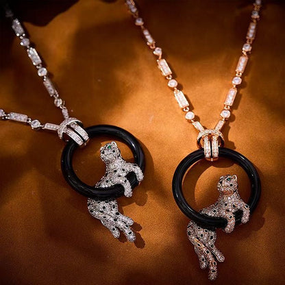[Luxery jewelrys]NEW BLACK CIRCLE PANTHER FULL DIAMOND NECKLACE