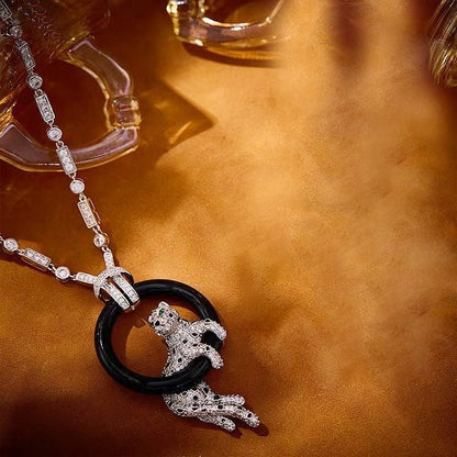 [Luxery jewelrys]NEW BLACK CIRCLE PANTHER FULL DIAMOND NECKLACE