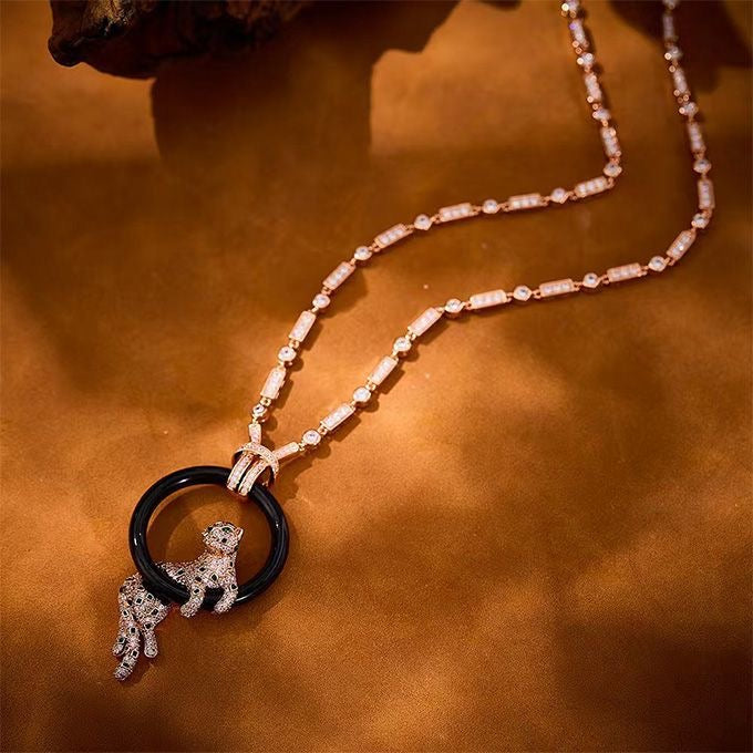 [Luxery jewelrys]NEW BLACK CIRCLE PANTHER FULL DIAMOND NECKLACE