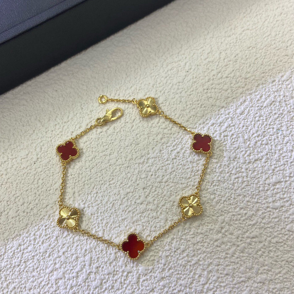 [Luxery]CLOVER 6 MOTIF RED AGATE LASER BRACELET-w