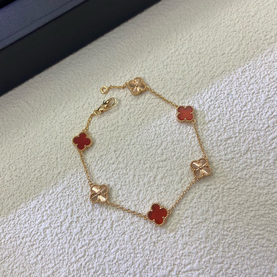 [Luxery]CLOVER 6 MOTIF RED AGATE LASER BRACELET-w