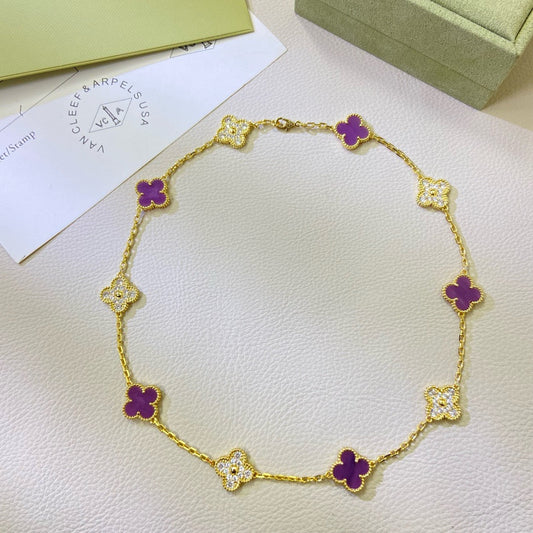 [Luxery Jewelry]CLOVER 10 MOTIFS  PURPLE VIOLET DIAMOND NECKLACE