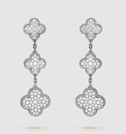 [Luxery]CLOVER 3 MOTIF DIAMOND SILVER DROP EARRINGS