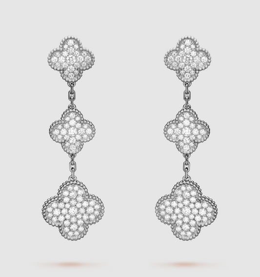 [Luxery]CLOVER 3 MOTIF DIAMOND SILVER DROP EARRINGS