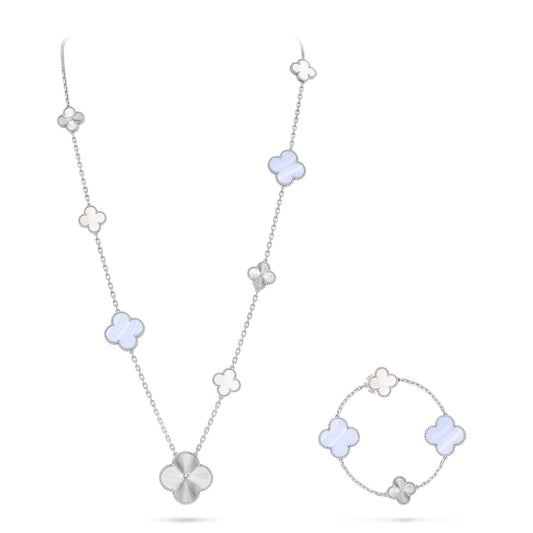 [Luxery]DETACHABLE CLOVER 15(11+4) FLOWER SILVER NECKLACE SET