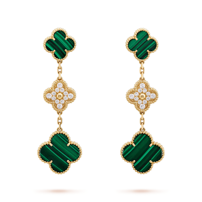 [Luxery]CLOVER EARRINGS GOLD MALACHITE DIAMOND 3 MOTIF