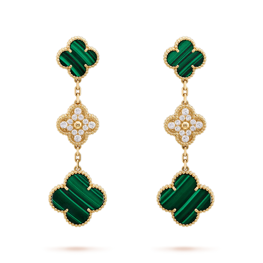 [Luxery]CLOVER EARRINGS GOLD MALACHITE DIAMOND 3 MOTIF